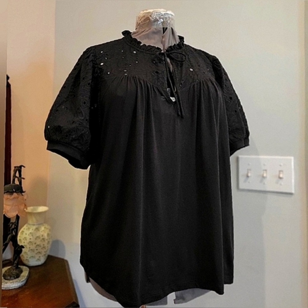 NWT 1X or 2X Cotton/Modal Blk Blouse